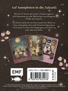 "Auf Samtpfoten in die Zukunft" mit 50 Orakel-Karten, begleitet von Katzen. Drei fantasievolle Illustrationen auf Karten.