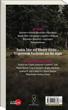"Dunkle Täler und finstere Wälder – 11 spannende Kurzkrimis aus den Alpen" auf Waldbild. Autoren und Tatorte aufgelistet.