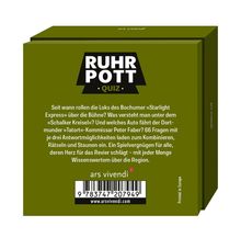 "RUH-POTT QUIZ" auf schwarzem Hintergrund. Text beschreibt Quizfragen zu Bochum, Schalker Kreisel und Tatort, 66 Fragen.