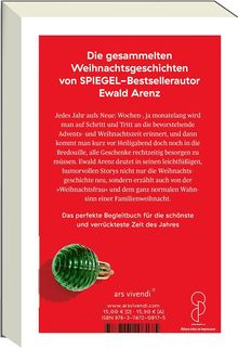 Eine rote Fläche mit weißem Text über Weihnachtsgeschichten von Ewald Arenz. Unten eine grüne Glühbirne und Verlagsinfos.
