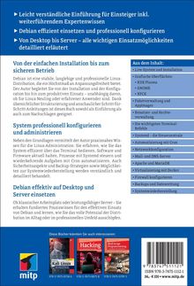 Titel: Leicht verständliche Einführung für Einsteiger. Links Text über Debian, rechts eine Inhaltsübersicht in Blau. Unten Buchcover und Barcode.