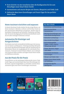 Blau-weißer Hintergrund. Texte: „Erste Schritte...“, „Automationen...“, „Zahlreiche Must-have...“. Bereiche erklären Smart-Home-Themen. Unten: Bücherempfehlungen, Barcode, Logo.