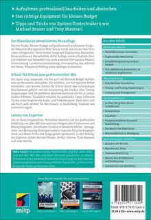 ► Aufnahmen professionell bearbeiten und abmischen  
► Das richtige Equipment für kleines Budget  
► Tipps und Tricks von Spitzentechnikern wie Michael Brauer und Tony Maserati  
Weiße Schrift auf grünem Hintergrund, darunter Textblöcke mit Informationen über Tontechnik und Buchinhalten. Rechts oben eine Liste mit Themen wie Hören, Abhören und Mischvorbereitung. Unten sind Buchempfehlungen und ein ISBN-Code.