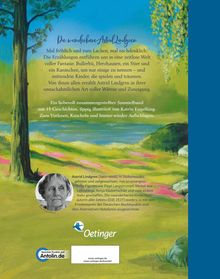 Text über Astrid Lindgrens Geschichten voller Fantasie. Illustration: Landschaft mit Bäumen und Wiese. Oetinger-Logo unten.