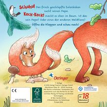 Text oben: "Schuhu! ... Keck-Keck! ... Öffne die Klappen und schau nach!"  
Ein Fuchs mit langem Schwanz, ein Vogel auf einem Ast.