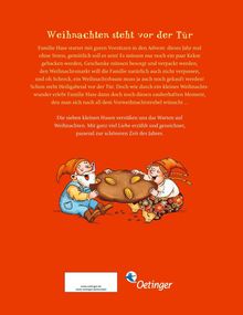 "Weihnachten steht vor der Tür. Familie Hase startet ohne Stress in den Advent. Illustration: Zwei Zwerge mit großem Keks."