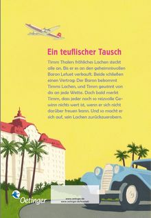 Ein gelber Hintergrund mit einem Flugzeug, einem weißen Gebäude mit roten Dächern, Palmen und einem blauen Auto.