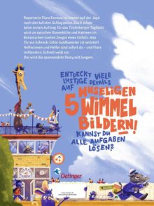 Entdeckt lustige Details auf 5 Wimmelbildern! Kannst du alle Aufgaben lösen? Illustration mit Tieren und Gebäuden.