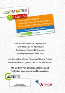LESESTARTER, 1. Lesestufe, große Fibelschrift, einfache Wörter, hoher Bildanteil. Empfohlen für 1.-3. Klasse. Antolin.de.