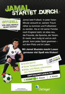 "Jamal startet durch" mit Text über Fußball und Mut. Illustration: Junge mit Ball. Großer Text: "OFFIZIELL", "Mit Jamal...“.