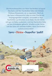 Text über einem Schrottplatz: Sams + Olchis = Doppelter Spaß! Illustration mit Müllhaufen und kleinen Kreaturen.