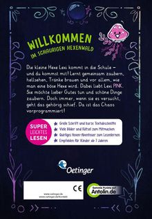 „WILLKOMMEN IM SCHAURIGEN HEXENWALD“. Bunte Zeichnung mit einer kleinen Hexe und zauberhaften Verzierungen.
