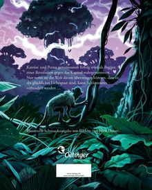 Text: Katniss’ und Peetas Erfolg wird als Beginn einer Revolution gesehen. Illustration mit Dschungelszene und einem Affen.