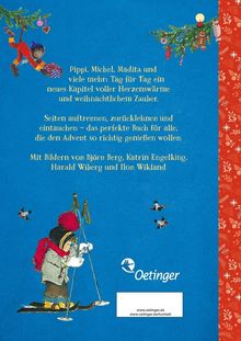 Text über ein Buch mit bekannten Figuren für den Advent. Illustrationen mit Kind und Tieren in winterlicher Szene. Oetinger Logo.