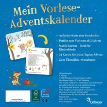 "Mein Vorlese-Adventskalender. Auf jeder Karte eine Geschichte, ab 2 Jahren. Illustration: Kind im Schnee. Logo mit Maus."