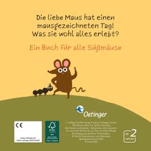 „Die liebe Maus hat einen mausgezeichneten Tag! Was sie wohl alles erlebt? Ein Buch für alle Süßmäuse.“ Illustration einer Maus und Ameise.