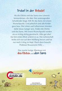 Text: "Trubel in der Schule! ... den Olchis und dem Sams". Unten: Schnecke, Maus, Wiese, "Oetinger" Logo.