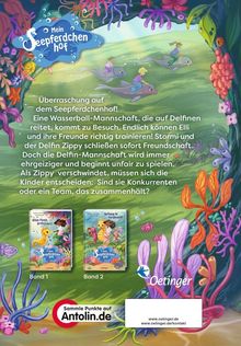 Text auf blauem Schild: "Mein Seeperdchenhof". Eine bunte Unterwasserlandschaft mit Büchercovern unten.