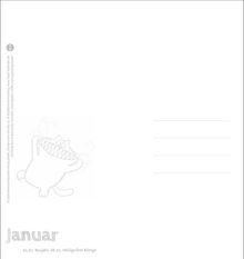 Text unten: "Januar 01.01. Neujahr, 06.01. Heilige Drei Könige". Ein stilisiertes, fröhliches Monster mit großen Zähnen links.