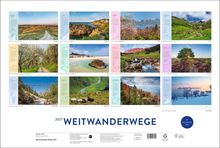 "Weitwanderwege 2027". Kalender mit Landschaftsbildern und kurzen Texten zu Wanderwegen in verschiedenen Ländern und Monaten.