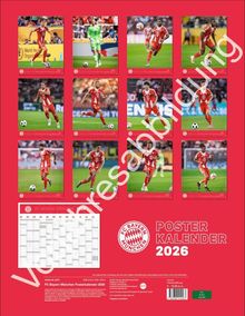 Vorschauabbildung. FC Bayern München Logo. Poster Kalender 2026. Fußballspieler in roten Trikots auf zwölf Fotos.