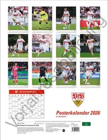 "Poster­kalender 2026 mit Jahres­planer, VfB Stuttgart 2026."  
Ein Kalender mit Fußballbildern, Monatsnamen unten.