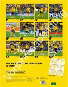 Text: "POSTERKALENDER 2026" und "ECHTER FANARTIKEL VON BORUSSIA DORTMUND". Fußballspieler in gelben Trikots auf Kalenderblättern.
