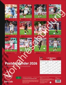 „1. FC Nürnberg Poster­kalender 2026“ zeigt zwölf Spielerfotos in Rot. Unten links ist das Club-Logo „1 FCN Der Club“.
