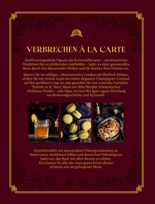 "VERBRECHEN À LA CARTE" oben in goldenen Buchstaben. Darunter Texte zu Krimis und Kulinarik. Drei Fotos: Cocktail, Macarons, Gericht.