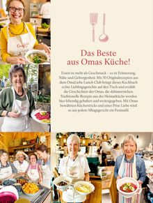 „Das Beste aus Omas Küche!“ beschreibt liebevolle Rezepte und Geschichten von Omas. Bilder zeigen lächelnde Frauen mit Gerichten.