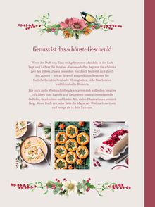 Text: "Genuss ist das schönste Geschenk!" Illustration: florales Design mit einem Vogel. Unten drei Bilder von festlichen Gerichten.