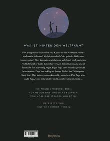 "Was ist hinter dem Weltraum?" Text über philosophische Fragen, mit Illustration von zwei Personen, die in den Himmel blicken.