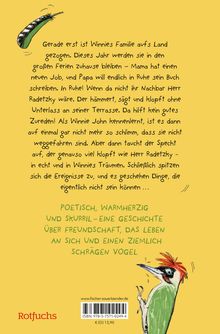Text beschreibt eine Geschichte über Winnies Familie, Nachbar, Specht und Freundschaft. Hintergrund gelb, bunte Illustration.
