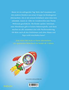 Heute ist ein aufregender Tag! Bobo übernachtet im Kindergarten. Logo: Roter Raketenstart mit lächelnden Figuren.