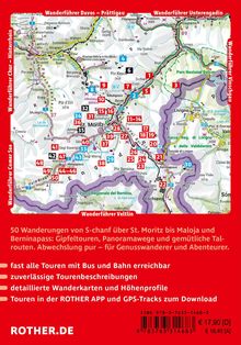 Eine Wanderkarte zeigt 50 Touren in der Region um St. Moritz mit Zugang per Bus und Bahn, plus GPS-Downloads.