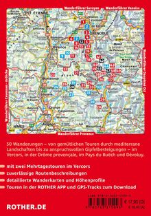 Karte mit Wanderwegenummern und Routen in Frankreich, umgeben von rotem Rand mit Wandertipps und Website ROTHER.DE.