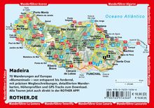 Karte von Madeira mit Wanderwegen und Nummerierungen. Texte: "Madeira", "70 Wanderungen auf Europas 'Blumeninsel'", "ROTHER.DE".