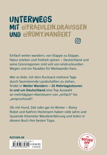 Texte: Unterwegs mit @fraeulein.draussen und @romy.wandert. Weiter Wandern – 25 Mehrtagestouren in und um Deutschland. Rechteckige Fläche mit naturfarbenem Hintergrund. Logo der Rother App unten rechts. Rother.de Webadresse. Preisangaben und ISBN-Code unten.