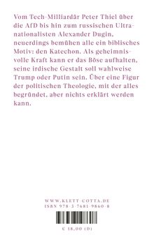 Text über den Katechon als geheimnisvolle Kraft und Referenzen zu bekannten Figuren. Unten Webadresse, ISBN und Preis.