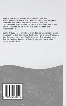 Ein Text beschreibt Yuris Abschlussarbeit im Kunstgeschichtestudium und seine Reise durch die Sowjetunion. Darunter dunkles Muster.