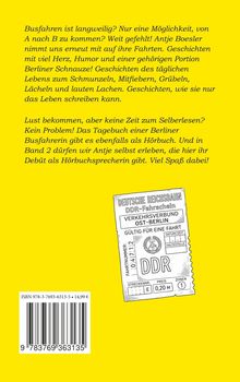 Ein gelber Hintergrund mit Text über unterhaltsame Geschichten beim Busfahren von Antje Boesler. Unten ein DDR-Fahrschein.