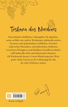 Text: "Toskana des Nordens" beschreibt ein deutsches Anbaugebiet mit Weinbergen. Gelber Hintergrund, Weinreben-Illustration.