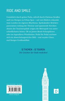"RIDE AND SMILE. Entdecke London auf 12 Themen-Touren. Illustration von Big Ben auf türkisem Hintergrund."