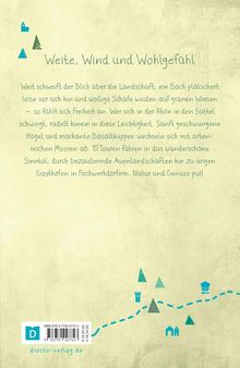 "Weite, Wind und Wohlgefühl" beschreibt Landschaften und Touren in der Rhön. Muster aus Bäumen und Gebäuden verzieren es.