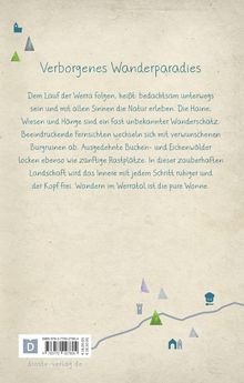 "Verborgenes Wanderparadies" in blauer Schrift. Darunter ein Text über das Werratal. Kleine bunte Symbole und eine Linie.