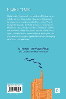 Text: "MILANO, TI AMO" und "12 THEMEN – 12 SPAZIERGÄNGE: Die Gesichter der Stadt entdecken!" Illustration: Gebäude und Fußabdrücke.