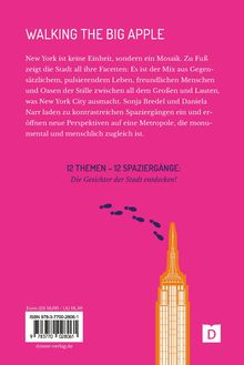 "Walking the Big Apple: New York als Mosaik. Entdecke monumentale und menschliche Metropole zu Fuß. 12 Themen, 12 Spaziergänge!" Unten ist ein stilisiertes Gebäude im Umriss.