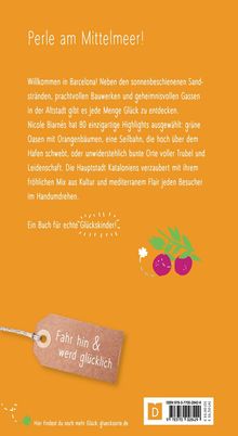 "Perle am Mittelmeer! Willkommen in Barcelona! Ein Buch für echte Glückskinder! Fahr hin & werd glücklich. Glücksortesite.de"

Oranges Design mit Anhänger und Orangenillustration.