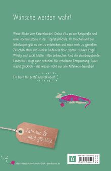 "Wünsche werden wahr!" Text auf grünem Hintergrund. Darunter farbige Illustration eines Chamäleons sowie ein Etikett: "Fahr hin & werd glücklich".