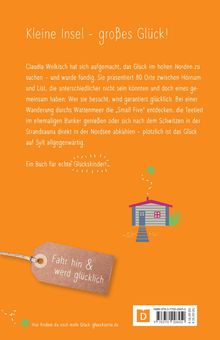 Text: "Kleine Insel – großes Glück!"... "Fahr hin & werd glücklich". Illustration: Kleines Haus mit Baum. Orange Hintergrund.